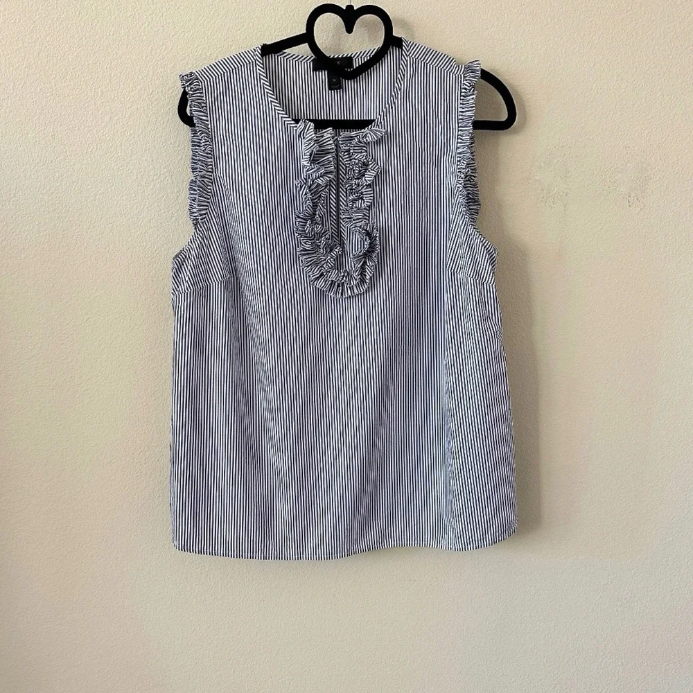 J. Crew Navy White Striped Ruffle Sleeveless Cotton Blouse Size 10